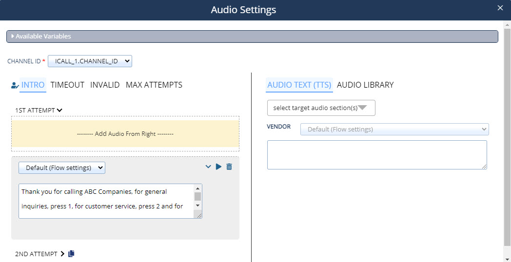 The Audio Settings pop-up window with sample text-to-speech added for the Introduction callers will hear